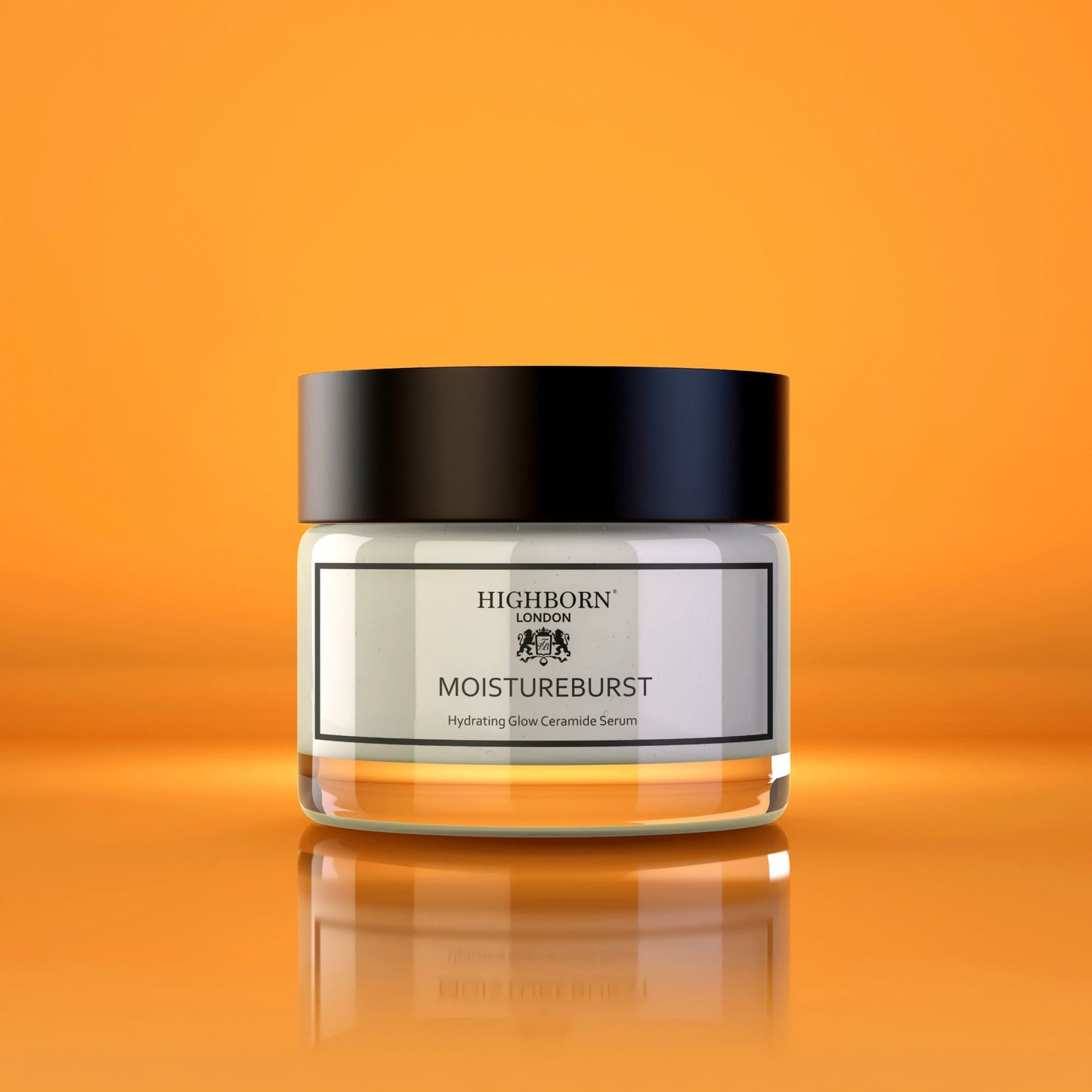 MOISTUREBURST Hydrating Glow Ceramide Serum jar by HIGHBORN on orange background
