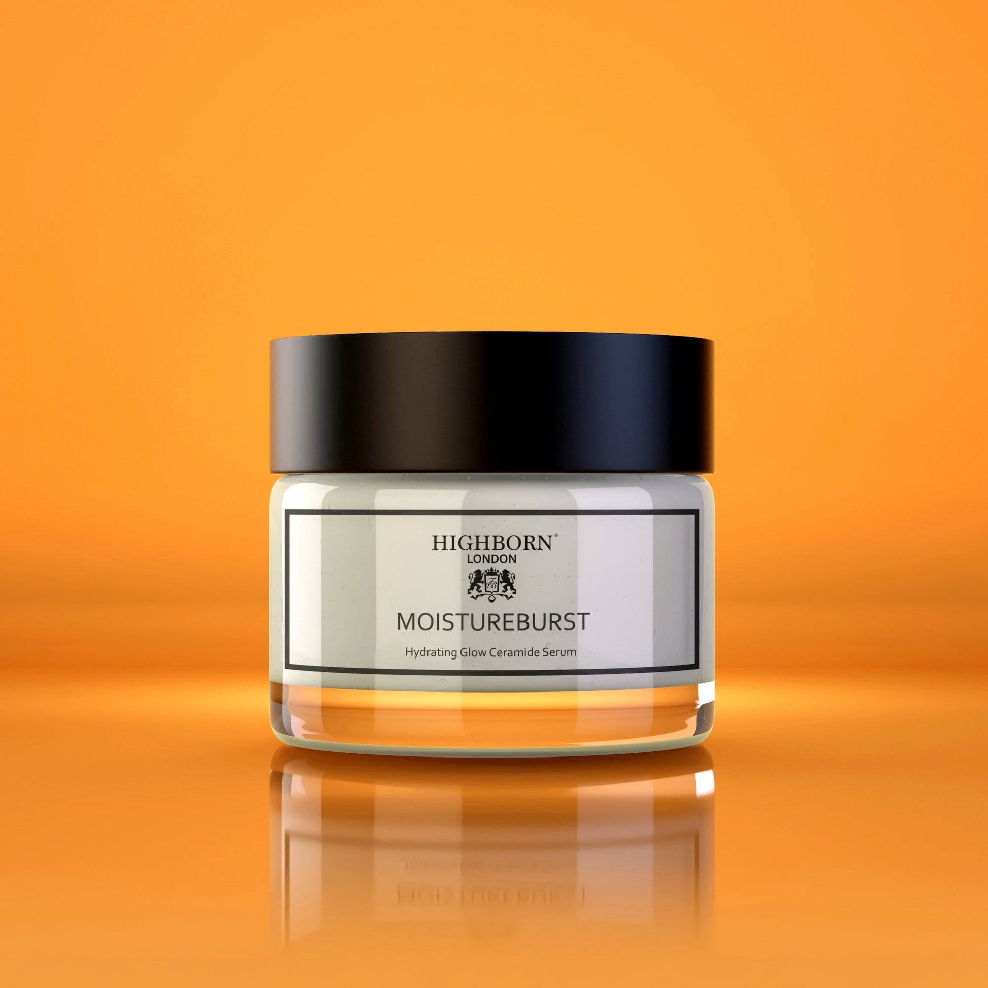 MOISTUREBURST Hydrating Glow Ceramide Serum jar by HIGHBORN on orange background