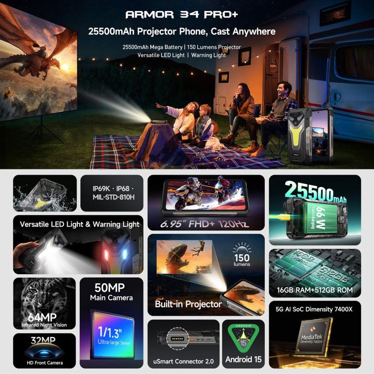 Ulefone Armor 34 Pro+ Projector, 16GB+512GB, Night Vision, IP68/IP69K Rugged Phone, 6.95 inch Android 15 MediaTek Dimensity 7400X Octa Core, Network: 5G, NFC, OTG, Armor 34 Pro+