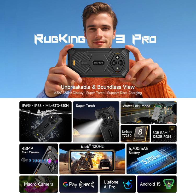 Ulefone RugKing 3 Pro, 8GB+128GB, IP68/IP69K Rugged Phone, 6.56 inch Android 15 Unisoc T7250 Octa Core, Network: 4G, NFC, OTG, RugKing 3 Pro, 8GB+128GB