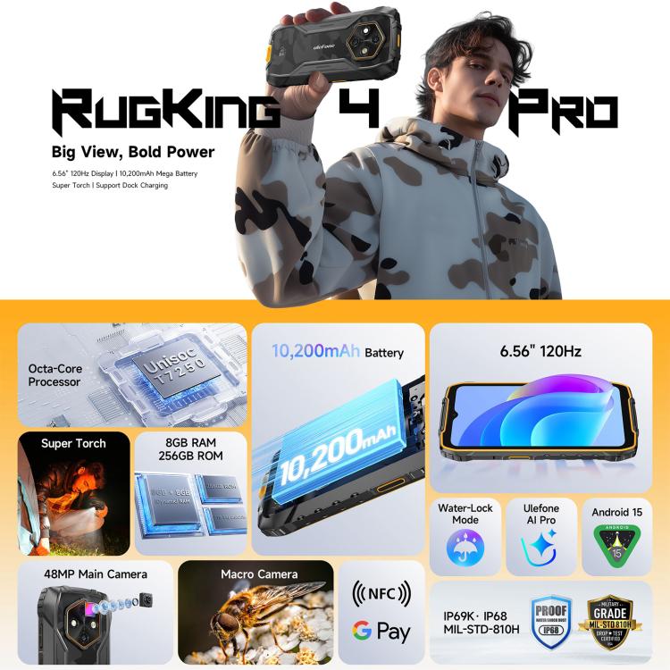 Ulefone RugKing 4 Pro, 8GB+256GB, IP68/IP69K Rugged Phone, 6.56 inch Android 15 Unisoc T7250 Octa Core, Network: 4G, NFC, OTG, RugKing 4 Pro, 8GB+256GB