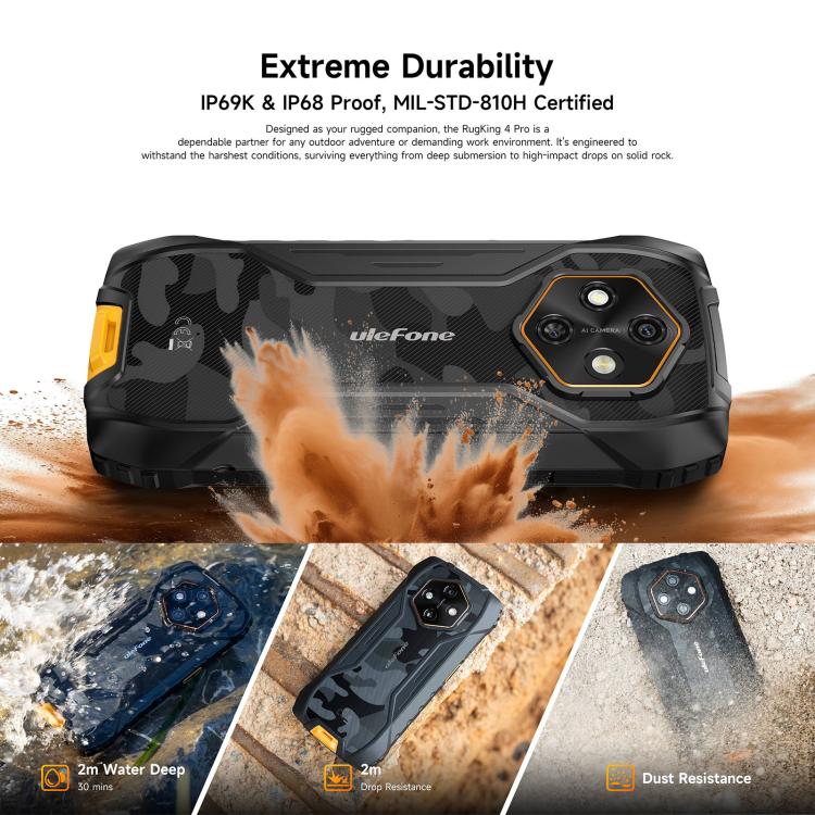 Ulefone RugKing 4 Pro, 8GB+256GB, IP68/IP69K Rugged Phone, 6.56 inch Android 15 Unisoc T7250 Octa Core, Network: 4G, NFC, OTG, RugKing 4 Pro, 8GB+256GB