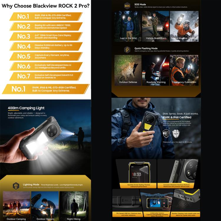 Blackview ROCK 2 Pro Rugged Phone, 8GB+256GB, 6.67 inch Android 16 Unisoc UMS9620 T8100 Octa Core, Network: 5G, OTG, NFC