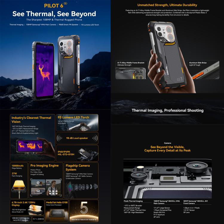 Blackview Oscal Pilot 6 Thermal Rugged Phone, 12GB+256GB, Night Vision Camera, 6.78 inch Android 16 MediaTek MT8781 Helio G100 Octa Core, Network: 5G, OTG, NFC