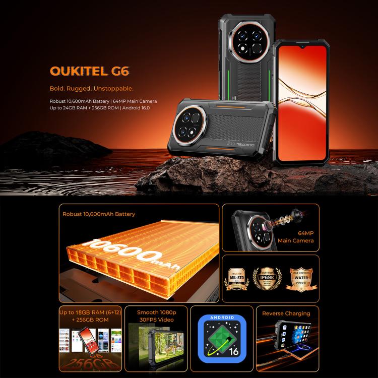 Oukitel G6 Rugged Phone, 8GB+256GB, Fingerprint Identification, 10600mAh Battery, 6.52 inch Android 16.0 Unisoc T615 Octa Core, NFC, OTG, Network: 4G, 6GB+256GB