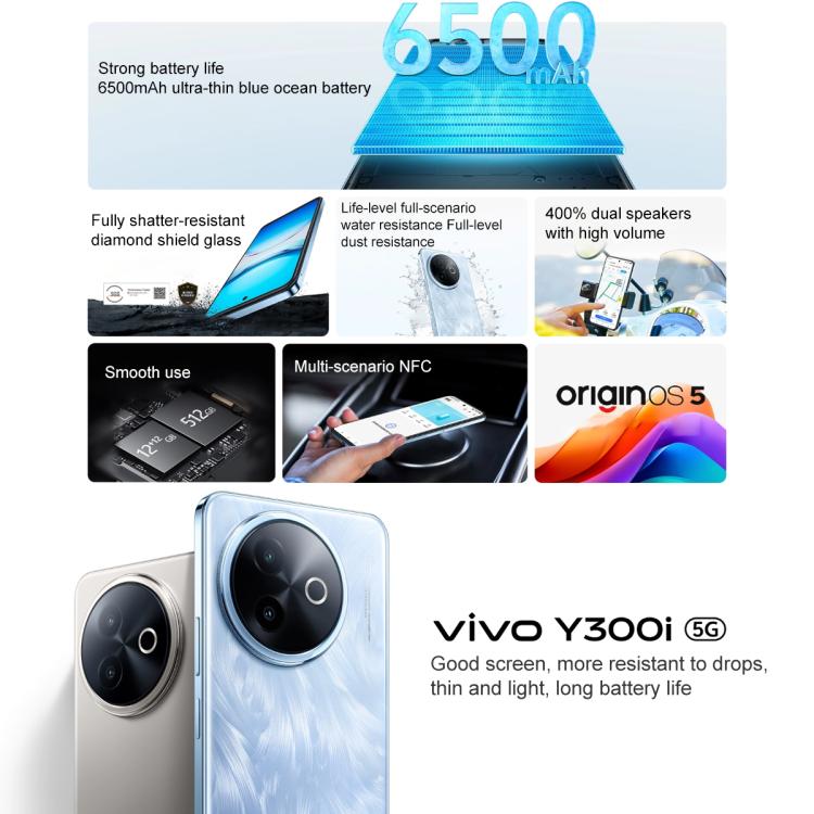 vivo Y300i, 12GB+256GB, Face ID / Side Fingerprint, 6.68 inch Android 15 OriginOS 5 Snapdragon 4 Gen 2 Octa Core, OTG, NFC, Network: 5G, 12GB+256GB