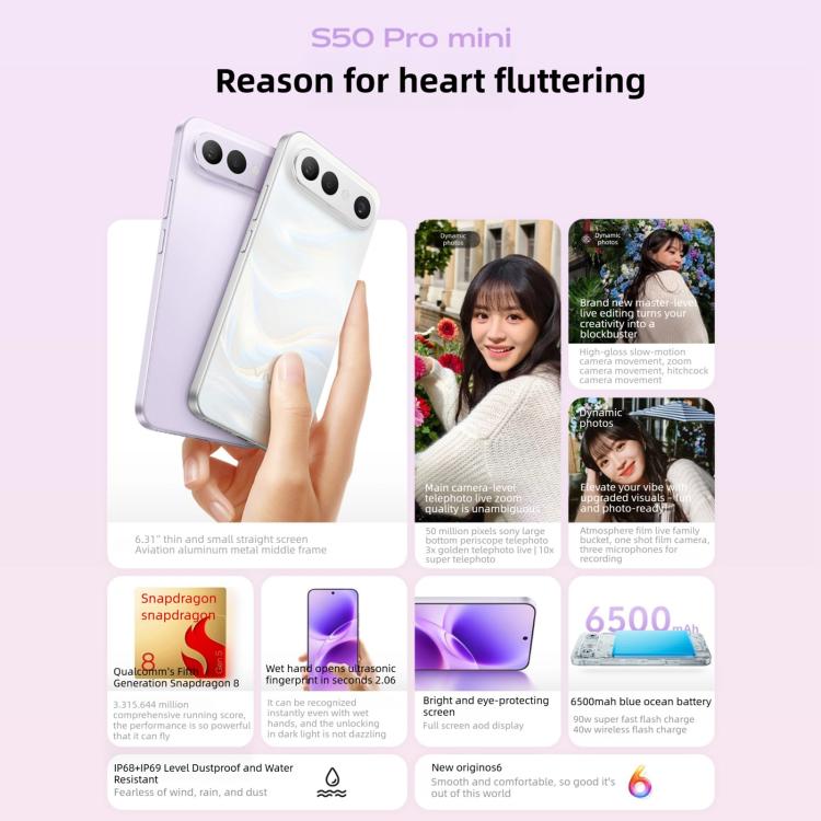 vivo S50 Pro mini, 12GB+512GB, 3D Fingerprint, 6.31 inch Android 16 OriginOS 6 Snapdragon 8 Gen 5 Octa Core, OTG, NFC, Network: 5G, Support Google Play, 12GB+512GB