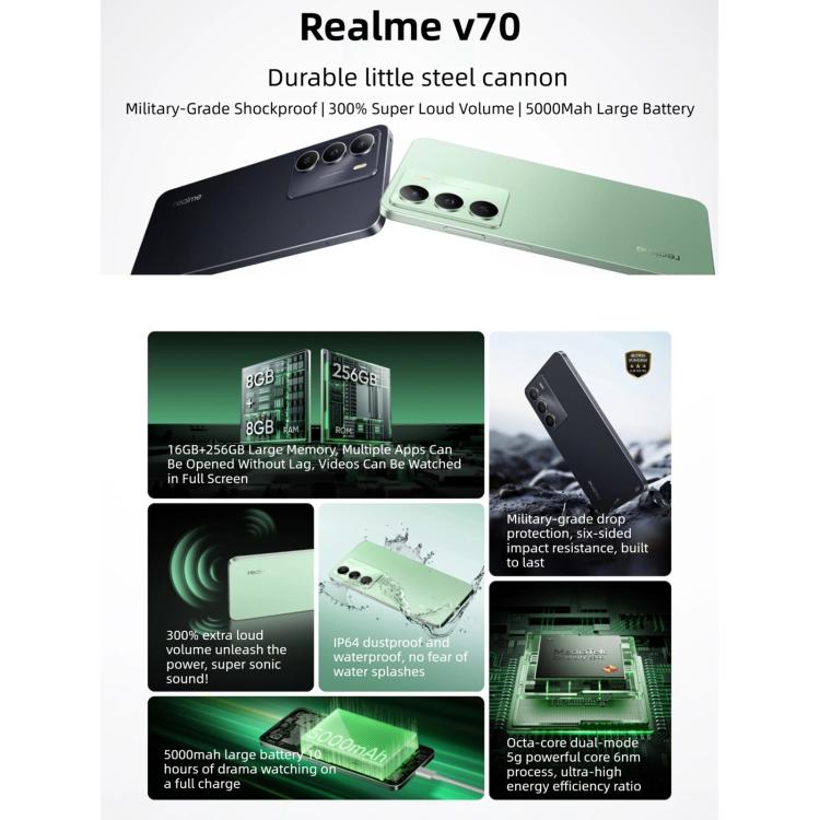 Realme V70, 12GB+256GB, 6.67 inch Realme UI 6.0 Android 15 Dimensity 6300 5G Octa Core, Network: 5G, 12GB+256GB