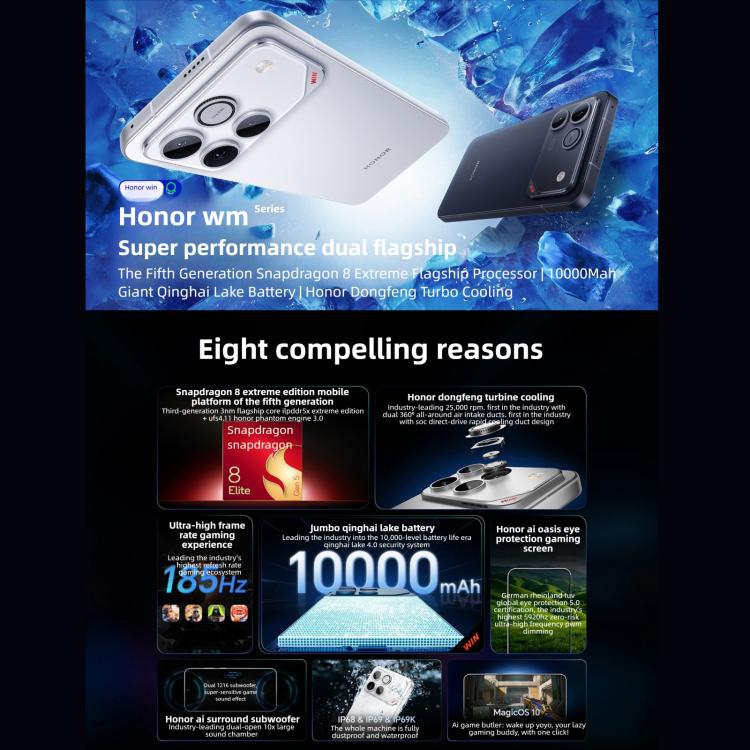 Honor WIN, 16GB+1TB, 3D Ultrasonic Fingerprint, 10000mAh Battery, 6.83 inch MagicOS 10.0 / Android 16 Snapdragon 8 Elite Gen 5 Octa Core, Network: 5G, NFC, OTG, 16GB+1TB