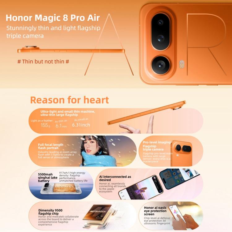 Honor Magic8 Pro Air, 16GB+512GB, Screen Fingerprint, 6.31 inch MagicOS 10.0 / Android 16 Dimensity 9500 Octa Core, Network: 5G, NFC, OTG, 16GB+512GB