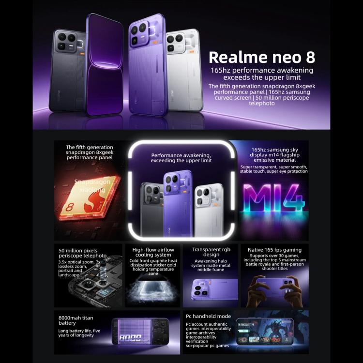 Realme Neo8, 16GB+1TB, Ultrasonic Screen Fingerprint, 6.78 inch Realme UI 7.0 Snapdragon 8 Gen 5 Octa Core, OTG, NFC, Network: 5G, 16GB+1TB