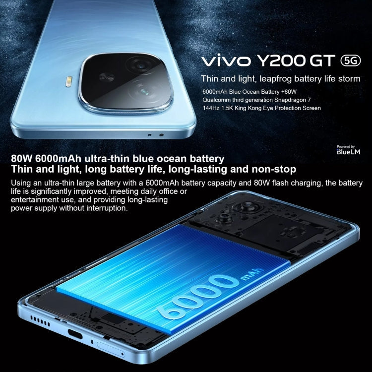 vivo Y200 GT, Dual Back Cameras, 12GB+256GB, Face ID Screen Fingerprint Identification, 6.78 inch Android 14.0 OriginOS 4 Snapdragon 7 Gen 3 Octa Core 2.63GHz, OTG, NFC, Network: 5G, Support Google Play, vivo Y200 GT, 12GB+256GB