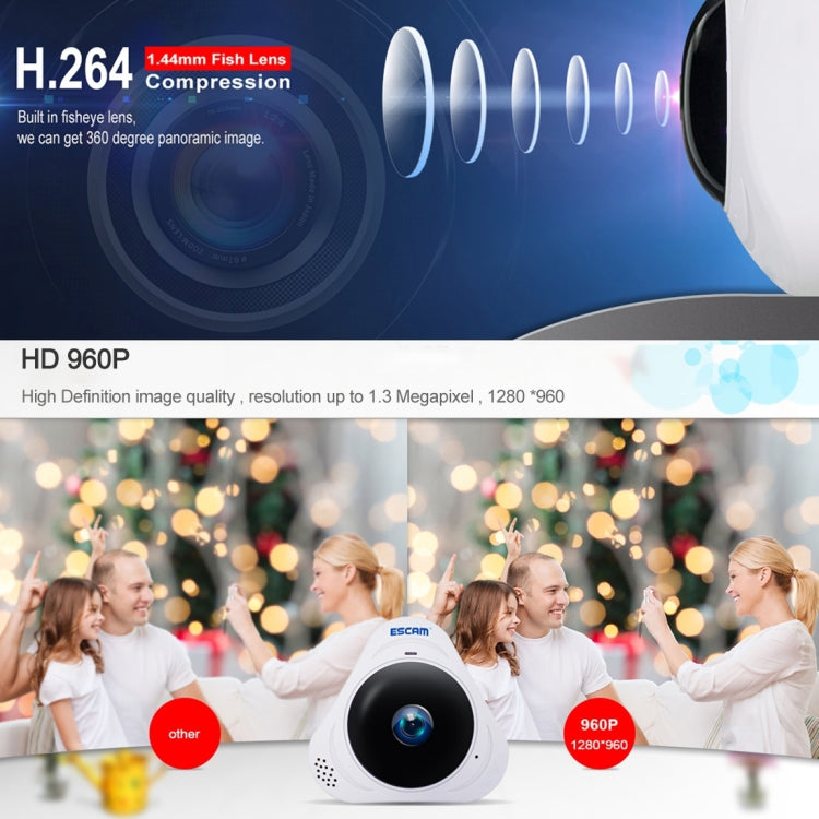 ESCAM Q8 960P 360 Degrees Fisheye Lens 1.3MP WiFi IP Camera, Support Motion Detection / Night Vision, IR Distance: 5-10m, AU Plug, Q8 UK Plug, Q8 US Plug, Q8  AU Plug, Q8 EU Plug