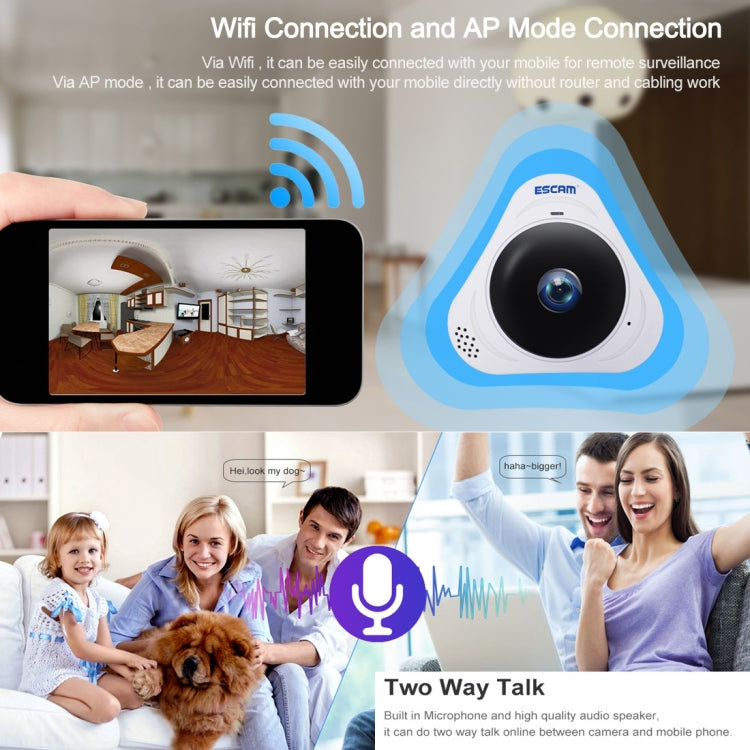 ESCAM Q8 960P 360 Degrees Fisheye Lens 1.3MP WiFi IP Camera, Support Motion Detection / Night Vision, IR Distance: 5-10m, AU Plug, Q8 UK Plug, Q8 US Plug, Q8  AU Plug, Q8 EU Plug