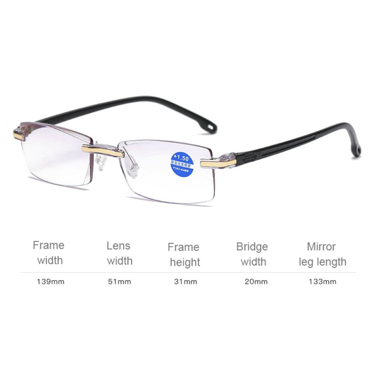 Rimless Anti Blue-ray Blue Film Lenses Presbyopic Glasses, +2.50D, +2.50D