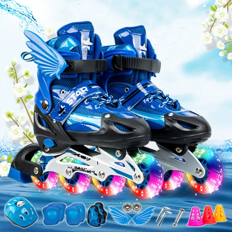 Adjustable Children Full Flash Single Four-wheel Roller Skates Skating Shoes Set, Size : S, Size : S (Pink), Size : S (Gold), Size : S (Blue), Size : S (Red)