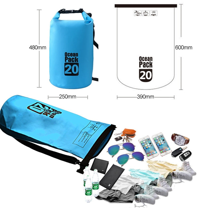 Outdoor Waterproof Double Shoulder Bag Dry Sack PVC Barrel Bag, Capacity: 20L, Capacity: 20L (Yellow), Capacity: 20L (Black), Capacity: 20L (Dark Blue), Capacity: 20L (Orange), Capacity: 20L (Pink), Capacity: 20L (Green), Capacity: 20L (Sky Blue)