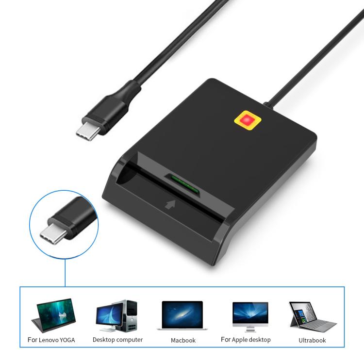 Rcoketek CR301 Type-C Plug Smart CAC Card Reader USB 2.0 Bank Card SIM Card Tax Reader, Type-C