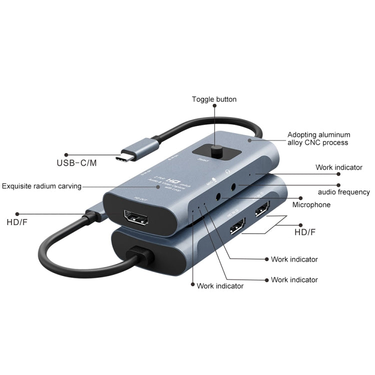 Z54A HDMI Output + 2 x HDMI Input + Mic + Audio to Type-C Video Capture Switcher with Loop, Z54A