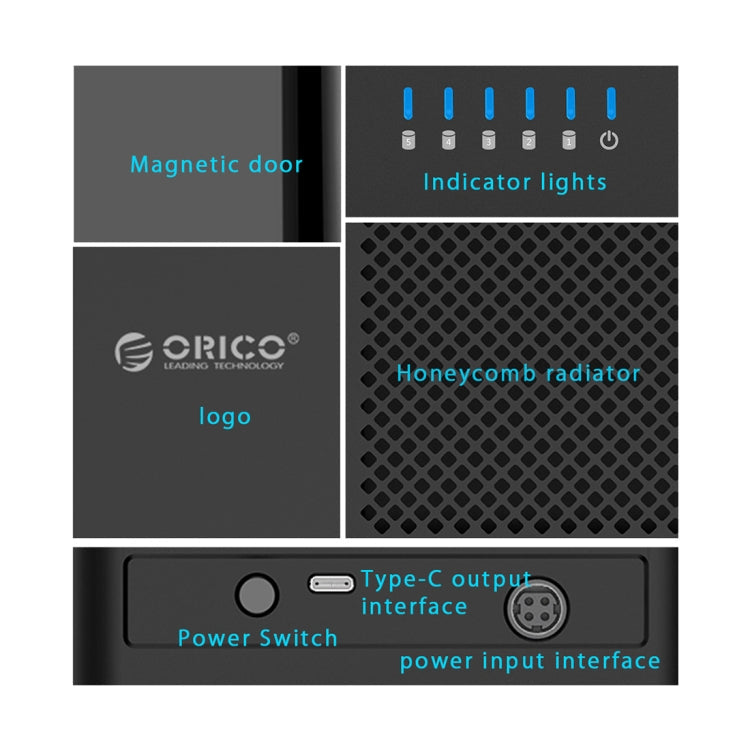 ORICO DS500C3 3.5 inch 5 Bay Magnetic-type USB-C / Type-C Hard Drive Enclosure with Blue LED Indicator, USB Type-C
