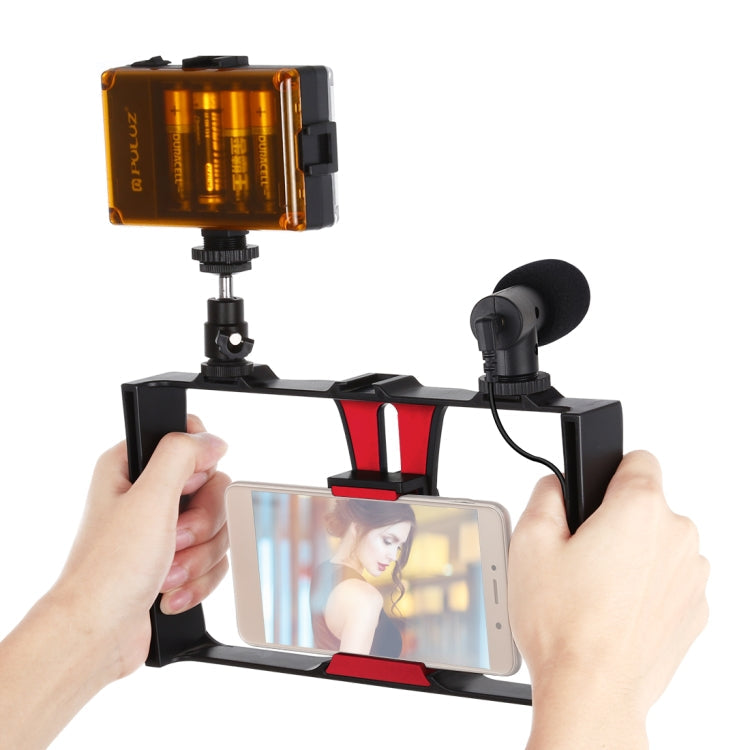 PULUZ 3 in 1 Vlogging Live Broadcast LED Selfie Light Smartphone Video Rig Kits with Microphone + Cold Shoe Tripod Head for iPhone, Galaxy, Huawei, Xiaomi, HTC, LG, Google, and Other Smartphones, 3-in-1, 3-in-1(Red), 3-in-1(US)