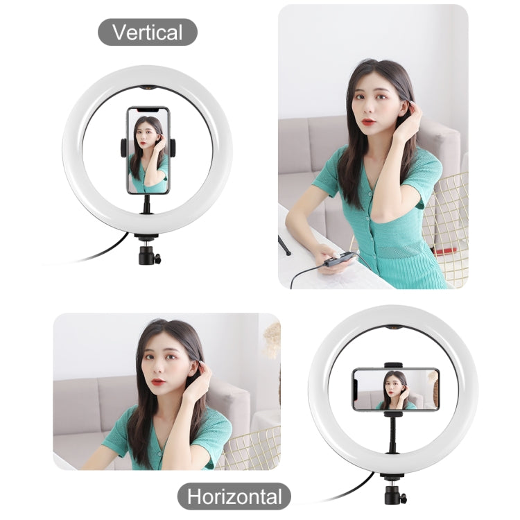 PULUZ 10.2 inch 26cm Light + Desktop Tripod Mount USB 3 Modes Dimmable Dual Color Temperature LED Curved Diffuse Light Ring Vlogging Selfie Photography Video Lights with Phone Clamp, 10.2 inch Curved+Tripod