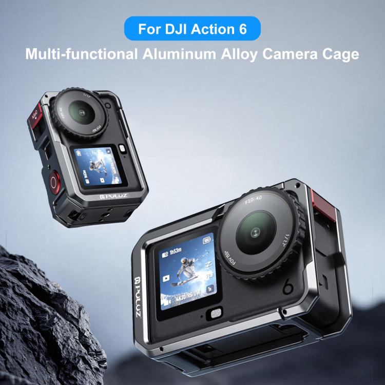 For DJI Osmo Action 6 PULUZ Metal Dual-Opening Camera Cage Expandable Frame with Silicone Lens Cap, Dual-Opening Cage