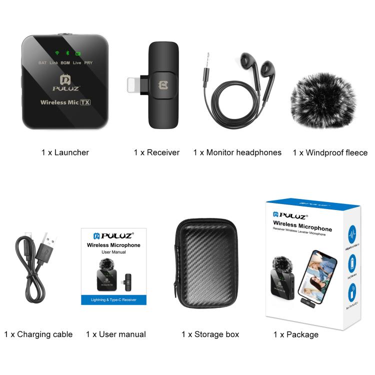 PULUZ Wireless Lavalier Microphone for iPhone / iPad, 8-Pin Receiver, 8-Pin 1 TX + 1 RX