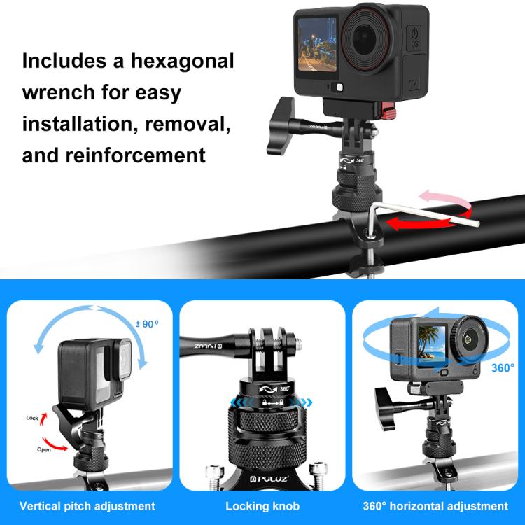 PULUZ 360 Degree Rotation MotorBike Aluminum Mount Handlebar Adapter with Screw for GoPro, Insta360, DJI and Other Action Cameras, Handlebar Adapter Mount 3