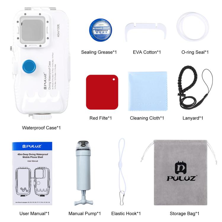 PULUZ 40m/130ft Waterproof Diving Case for 15 Pro Max / 15 Plus / iPhone 14 Plus / 14 Pro Max / 13 Pro Max / 12 Pro Max / 11 Pro Max, with One-way Valve Photo Video Taking Underwater Housing Cover, For iPhone 15 Pro Max / 15 Plus / 14 Plus             ...