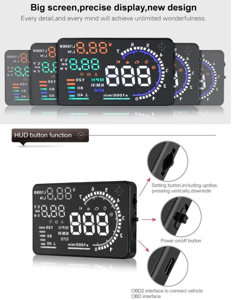 A8 5.5 inch Car OBDII HUD Warning System Vehicle-mounted Head Up Display Projector with LED, Support Fuel Consumption & Over Speed Alarm & Water Temperature & Fault Diagnosis, A8