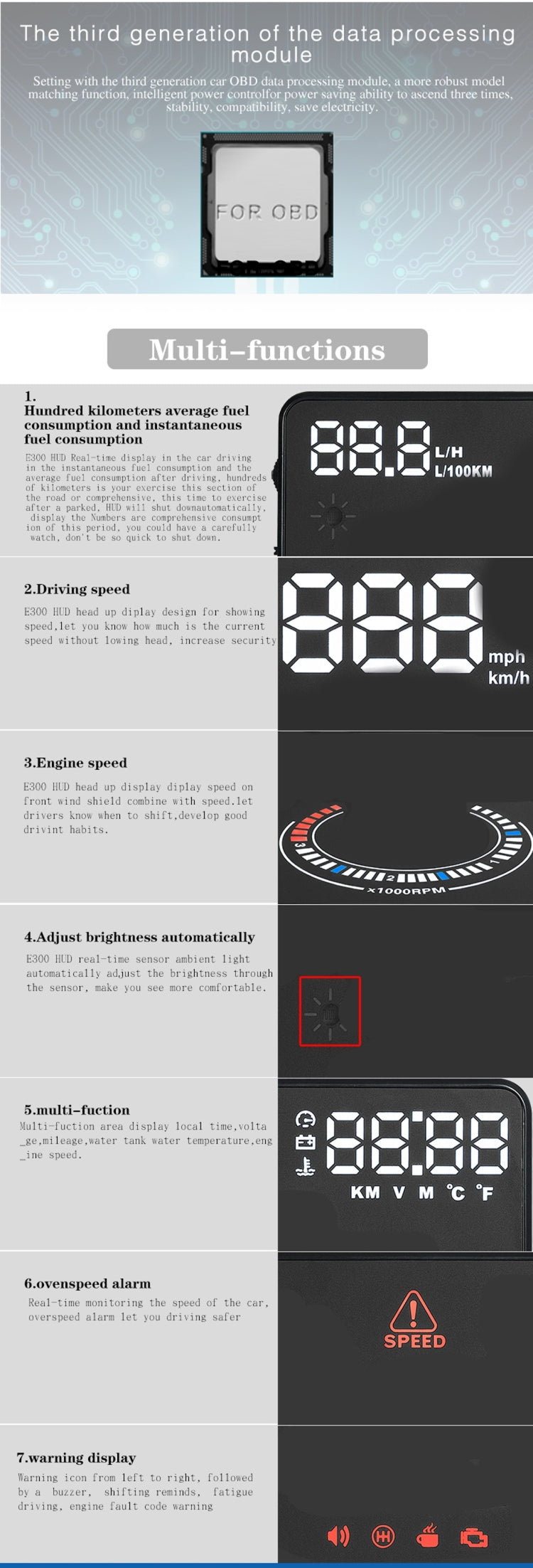 E300 5.5 inch Car OBDII / EUOBD HUD Vehicle-mounted Head Up Display Security System, Support Speed & Fuel Consumption, Overspeed Alarm,  Fuel Consumption, Water Temperature, etc., E300