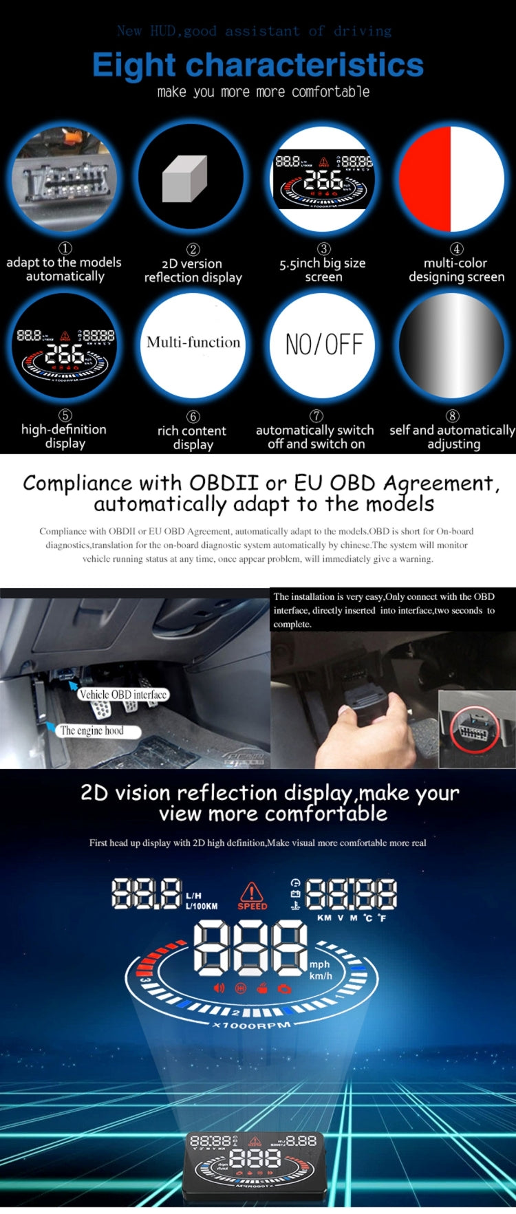 E300 5.5 inch Car OBDII / EUOBD HUD Vehicle-mounted Head Up Display Security System, Support Speed & Fuel Consumption, Overspeed Alarm,  Fuel Consumption, Water Temperature, etc., E300