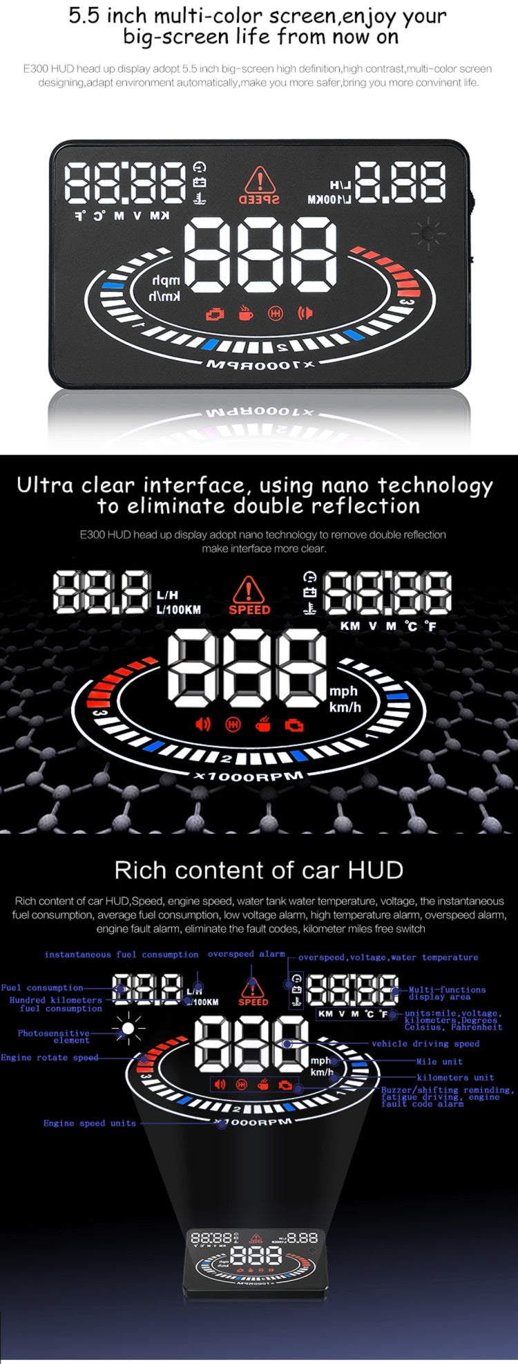 E300 5.5 inch Car OBDII / EUOBD HUD Vehicle-mounted Head Up Display Security System, Support Speed & Fuel Consumption, Overspeed Alarm,  Fuel Consumption, Water Temperature, etc., E300