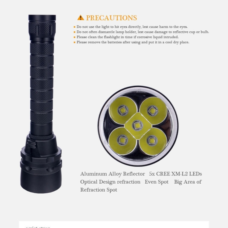 5 x LED White Light Diving Flashlight, 6800 LM, Diving Depth: 150m