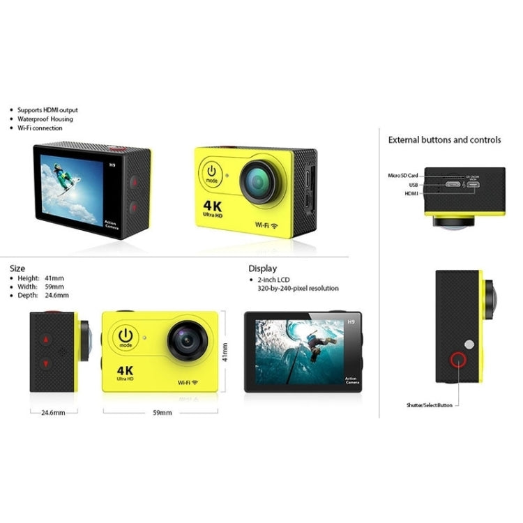 H9 4K Ultra HD1080P 12MP 2 inch LCD Screen WiFi Sports Camera, 170 Degrees Wide Angle Lens, 30m Waterproof, H9 4K (Black)