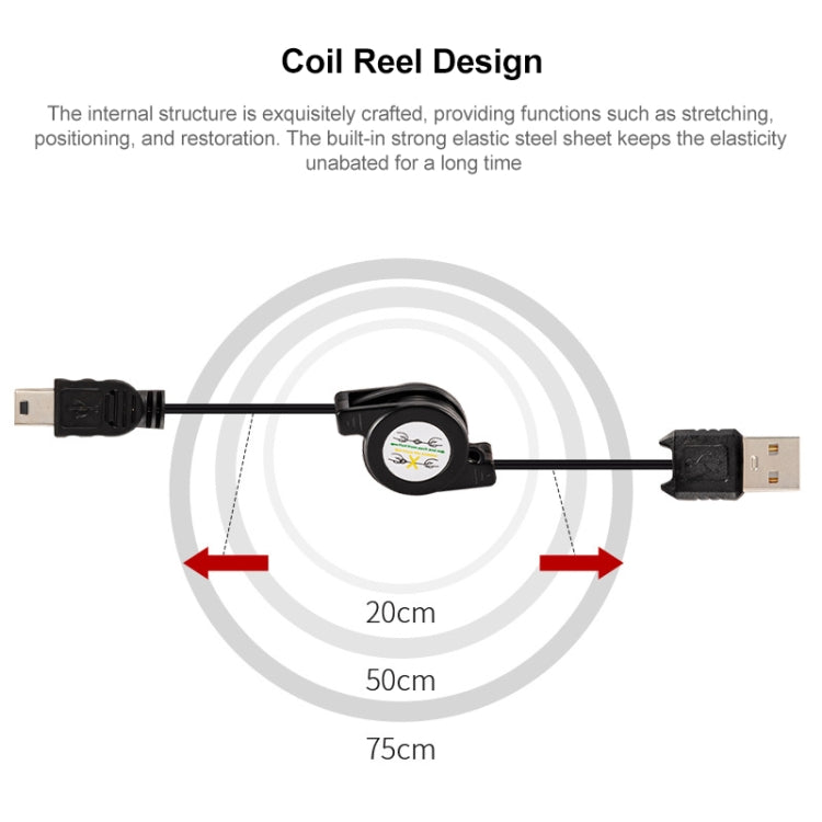 USB Retractable Data & Charger Cable for Motorola V3 / Mobile Phone / MP3 / MP4 / Digital Camera / GPS, Length: 10cm (Can be Extended to 80cm),  Black, USB 2.0 to Mini 5 Pin, USB 1.1 to Mini 5 Pin