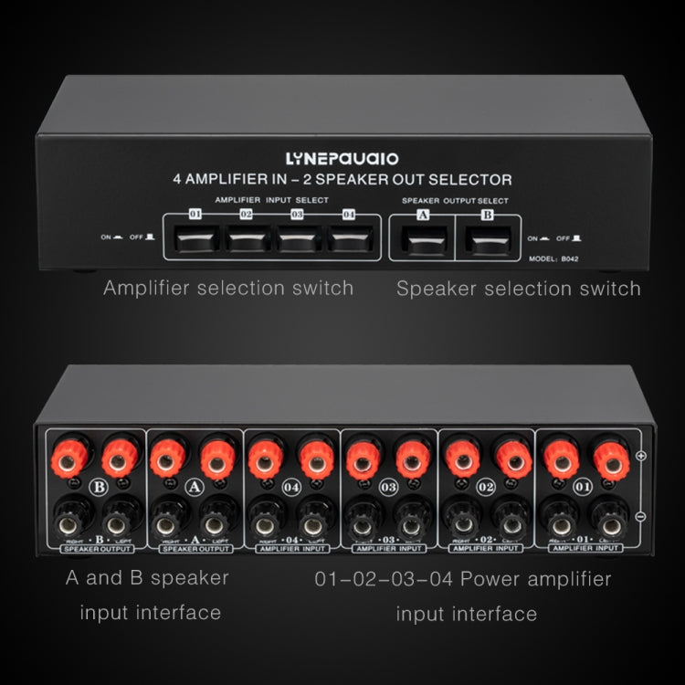B042 4-in 2-out Power Amplifier Sound Switcher Loudspeaker Switch Distributor, 300W Per Channel Lossless Sound Quality, B042