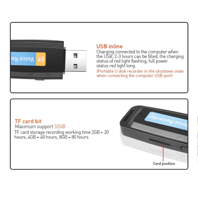SK001 Professional Rechargeable U-Disk Portable USB Digital Audio Voice Recorder Pen Support TF Card, 32GB