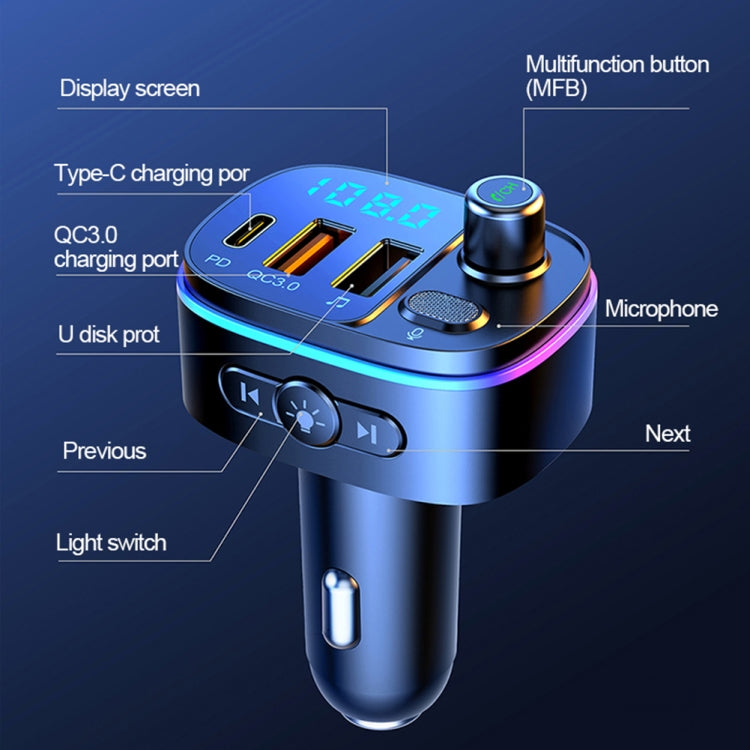 T65 Car Bluetooth FM Transmitter Dual USB Type-C QC3.0 Charger, T65