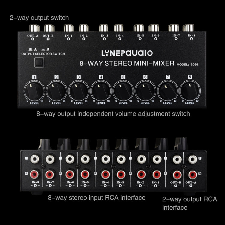 B066 Mini Stereo 8 Channel RCA Non Source Sound Passive Mixer, No Power Supply, 8 Channel RCA