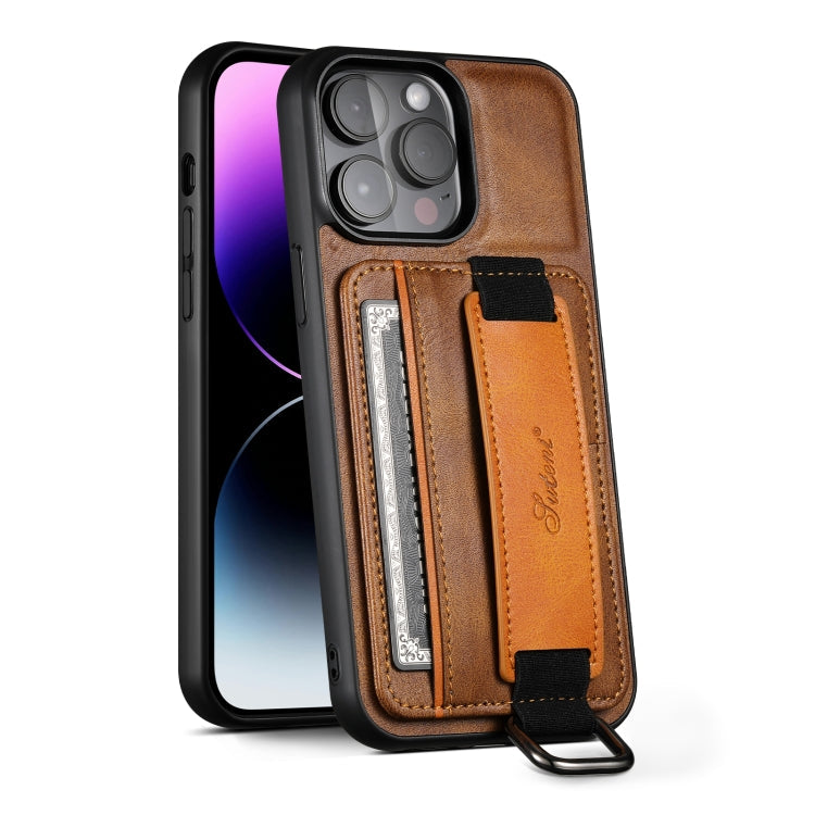 Suteni H13 Card Wallet Wrist Strap Holder PU Phone Case, For iPhone 14, For iPhone 14 Pro, For iPhone 14 Plus, For iPhone 14 Pro Max