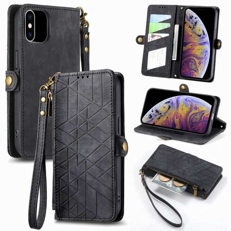 Geometric Zipper Wallet Side Buckle Leather Phone Case, For iPhone 11, For iPhone 11 Pro, For iPhone X / XS, For iPhone XR