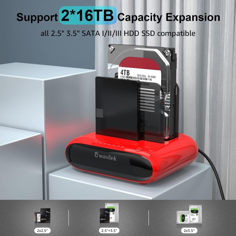 Wavlink ST341U Dual Bay External Hard Drive Docking Station Support Offline Clone Function, ST341U