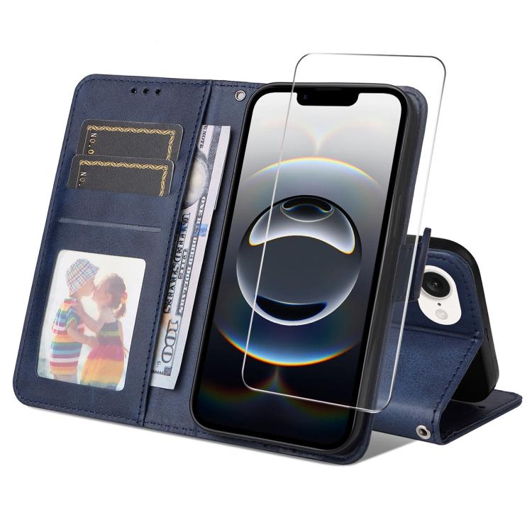 For iPhone 17e / 16e ENKAY Card Wallet Calf Texture Leather Phone Case with Screen Film(Blue)