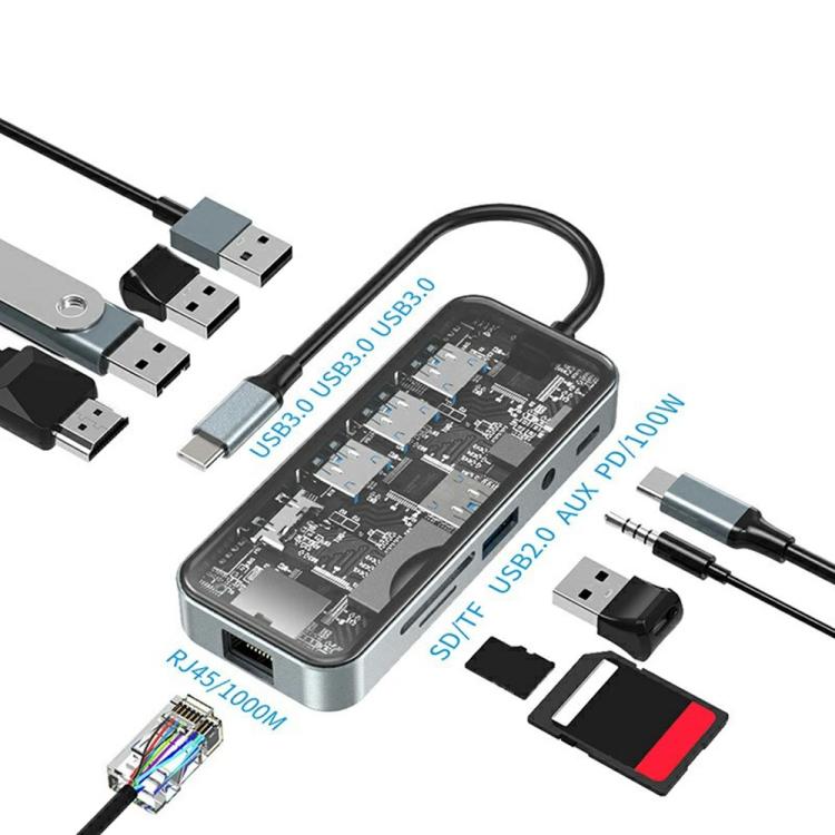 HC-87 10 in 1 USB-C Hub Gigabit Ethernet 4K HD PD 100W Charging Multi-Port Adapter, HC-87