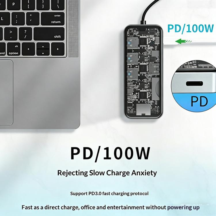 HC-87 10 in 1 USB-C Hub Gigabit Ethernet 4K HD PD 100W Charging Multi-Port Adapter, HC-87