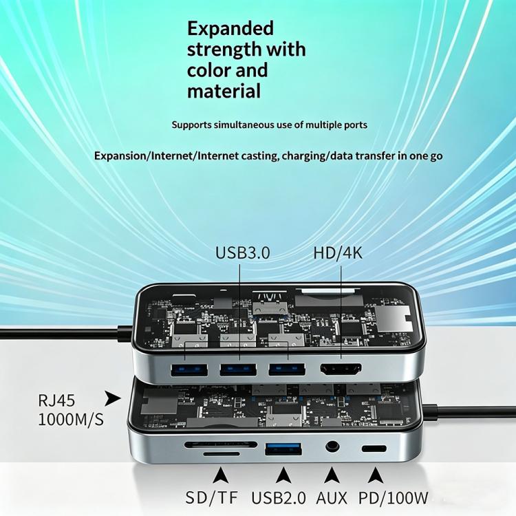 HC-87 10 in 1 USB-C Hub Gigabit Ethernet 4K HD PD 100W Charging Multi-Port Adapter, HC-87
