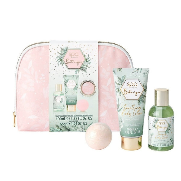 Style & Grace Spa Botanique Cosmetic Bag Gift Set Eco Packaging 100ml Body Lotion + 100ml Body Wash + 55g Bath Fizzer + Recycled Fabric Cosmetic Bag
