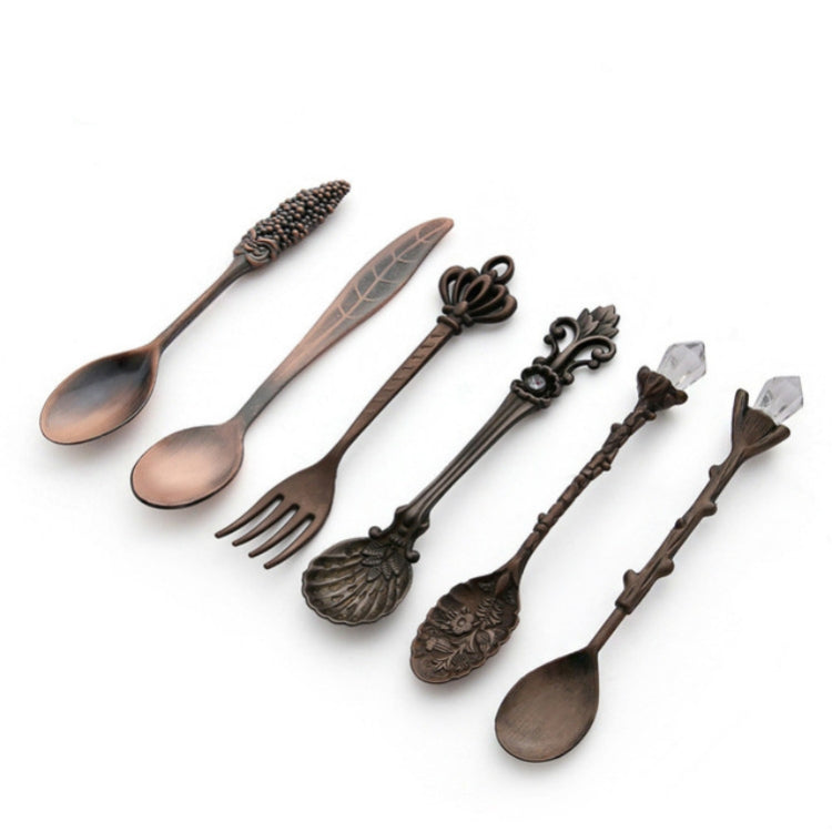 6pcs / Set Vintage Mini Coffee Spoons Suit Royal Style Metal Carved Coffee Fruit Cutler Dessert Flatware Kitchen Tools, Gold, Red Bronze, Antique Bronze（With Red Fork）, Antique Bronze（With Antique Fork）, Silver
